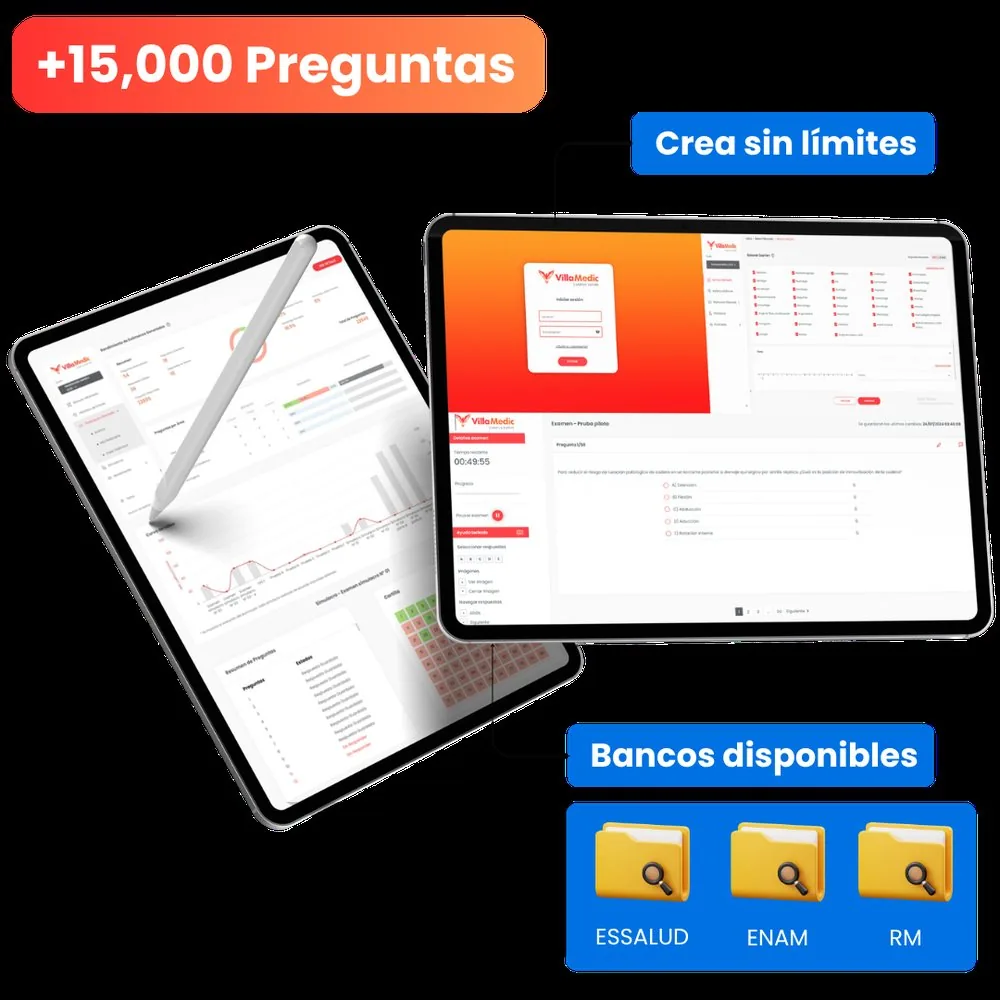 Más de 15.000 preguntas, crea exámenes sin límites, bancos EsSalud, ENAM y RM